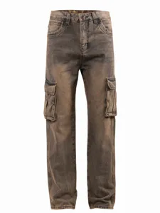 Men's loose fit vintage washed brown cargo jeans with multi-pockets for casual streetwear style.