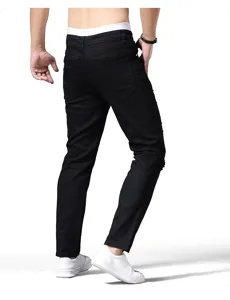 Men's black slim fit ripped jeans fashion casual stretch denim pants straight trousers