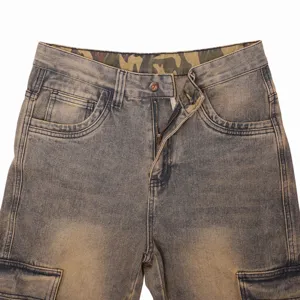 Distressed cargo denim jeans waist detail, vintage washed loose fit trousers for men.