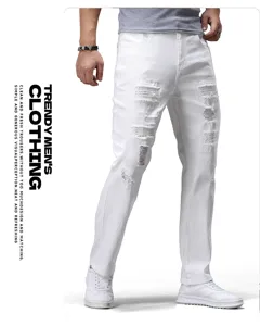 Men white distressed slim fit casual jeans trendy fashion denim trousers for daily wear
