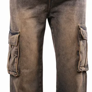 Vintage wash distressed cargo jeans for men featuring multiple practical pockets and loose fit.