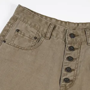 Vintage khaki casual trousers featuring retro wheat buttons and stylish multi-button fly.
