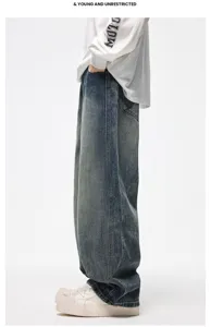 Detailed view of vintage washed curved denim pants, baggy casual jeans for men and women.