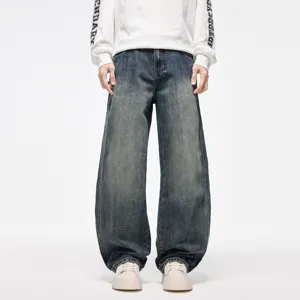 Men American Vintage Washed Distressed Curved Blade Jeans Unisex Wide Leg Baggy Denim Pants Autumn Casual Streetwear Loose Bottoms