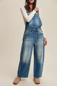 Women's casual loose wide leg denim overalls vintage washed streetwear jumpsuits pants