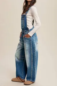 Women casual denim dungarees straight leg adjustable straps overalls blue jeans detail view