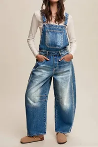 Women casual denim overalls detail shot, loose straight leg design with adjustable straps.
