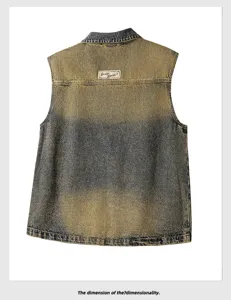 Vintage geel gewassen denim vest voor heren, mouwloze versleten stijl casual jasje.