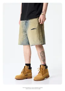 Short en denim délavé vintage pour homme jean destroy coupe droite décontractée