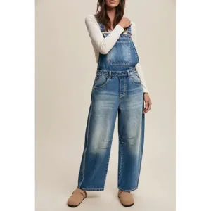 Women Casual Loose Denim Overalls Vintage Washed Blue High Street Wide Leg Denim Pants Baggy Jumpsuit Bottoms