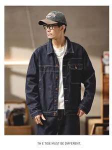 Herren dunkle Jeansjacke Vintage Stil reguläre Passform langarm Freizeitmantel mit Brusttaschen