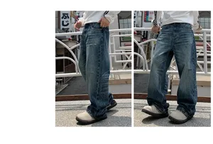Mens vintage washed loose straight leg denim jeans casual baggy wide leg streetwear trousers