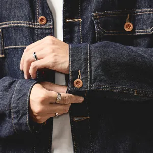 Herren Raw Denim Jacke Vintage Arbeitskleidung Knopfleiste Motorrad Outwear Dunkelblau