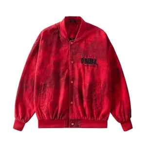 Giacca in denim slavato rosso da uomo streetwear elegante colletto da baseball outerwear