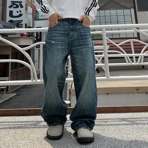 Men American Retro Washed Cat Whisker Loose Straight Leg Jeans Streetwear Baggy Wide Leg Denim Trousers Casual Hip Hop Pants