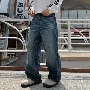 Mens vintage washed loose straight leg denim jeans retro wide leg streetwear pants