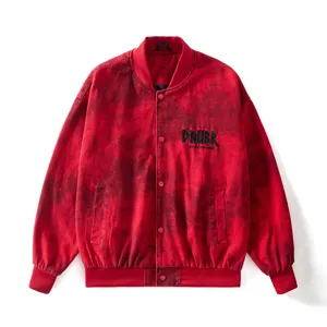 Giacca Bomber Casual in Cotone Lavato Vintage da Uomo Larga Manica Lunga Collo alla Coreana Bottone a Pressione Lettera Ricamata