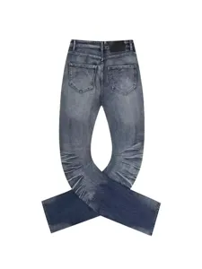 Men's blue stacked flared denim jeans with vintage washed wave wrinkles for street style wear.