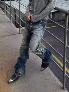 Men's retro washed blue flared stack jeans with button fly streetwear fashion casual pants