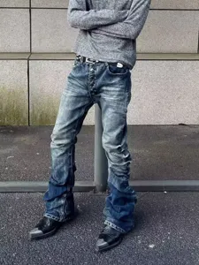 Men's blue stacked flared jeans vintage distressed button fly urban streetwear denim trousers