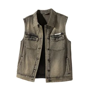 Gilet en Denim Lavé Vintage Américain pour Hommes Veste Sans Manches Cargo Casual Ample
