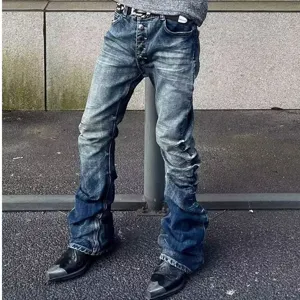 Men's European Streetwear Washed Denim Pants Vintage Pleated Flared Jeans Slim Fit Button Fly Casual Long Trousers