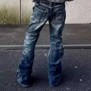 Men street style distressed stacked flared denim jeans casual vintage blue trousers
