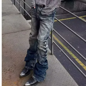 Men's washed grey blue stacked denim jeans vintage pleated flared trousers streetwear