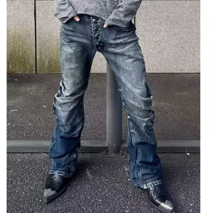 Men's retro washed stacked flare jeans with button fly streetwear denim pants main view