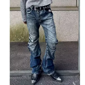 Men streetwear washed stacked flared denim jeans slim fit button fly blue trousers