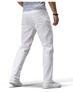 Detailed back view of white casual denim jeans for men, featuring clean pockets and straight fit.