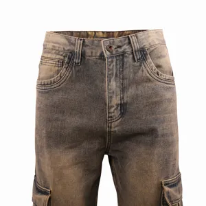 Vintage washed mens cargo denim jeans with multiple pockets, casual loose fit streetwear.