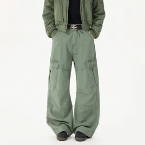 Men's Casual Cotton Loose Fit Straight Leg Multi-Pocket Cargo Pants Streetwear Vintage Trendy Trousers