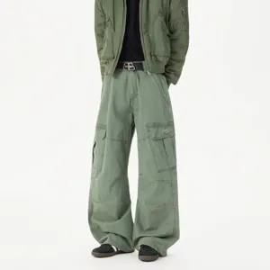 Unisex vintage loose fit multi-pocket cargo pants curved casual trousers for daily wear.