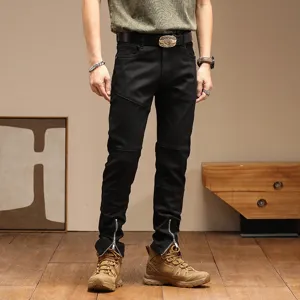 Pantalón Largo Skinny de Moto Slim Fit Retro de Moda para Hombre Pantalón Vaquero Casual Vaqueros Streetwear Negros con Parches de Cremallera