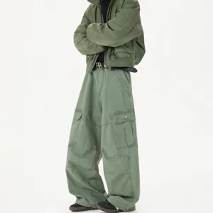 Men's vintage military cargo pants and bomber jacket set loose fit green streetwear.