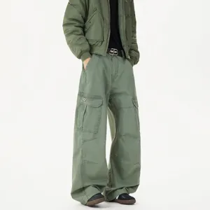 Mens vintage green loose cargo pants multi-pocket casual streetwear fashion trousers