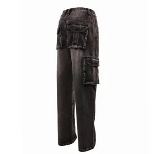 Men's loose cargo jeans washed denim multi-pocket vintage hip hop casual trousers streetwear