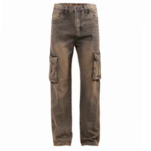 Men's distressed washed brown cargo jeans with multiple pockets, loose straight fit casual pants.