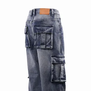 Men's loose fit washed distressed denim cargo pants with multiple practical pockets.