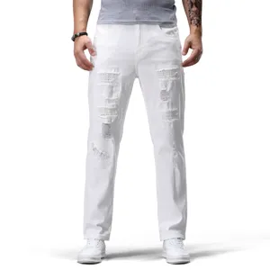 Men's Casual Denim Pants Straight Leg Rhinestone Distressed Patchwork Spring Fashion Long Trousers For Men