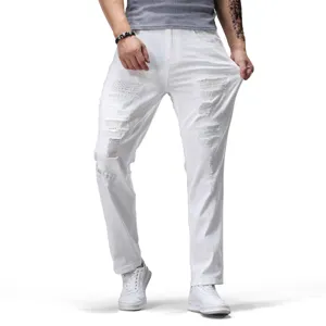 Men white ripped jeans casual slim fit denim trousers stylish streetwear fashion outfit