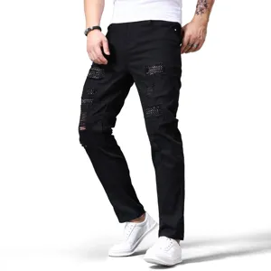 Men's black ripped rhinestone slim fit straight leg casual denim jeans main product view