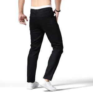 Men's black ripped slim fit straight denim jeans casual pants for daily wear and fashion.