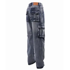 Men's Loose Wide Leg Cargo Jeans Casual Multi-Pocket Denim Pants Vintage Distressed Skateboard Streetwear Trousers
