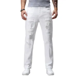 White mens ripped rhinestone jeans slim straight casual denim pants stylish trousers for men