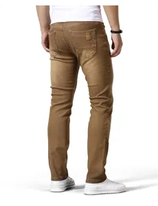 Jeans denim slim casual da uomo, elegante pantalone elasticizzato marrone stile.