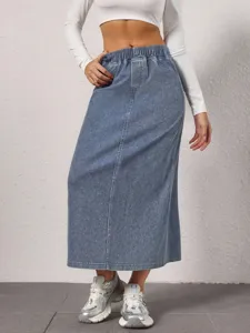Women light blue denim midi skirt casual elastic waist high rise straight long jean skirts