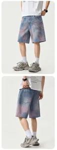 Blue tie-dye loose denim shorts for men, casual five-quarter straight pants with pockets.