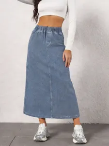 Womens light blue denim midi skirt with high elastic waist and front seam detail for spring.